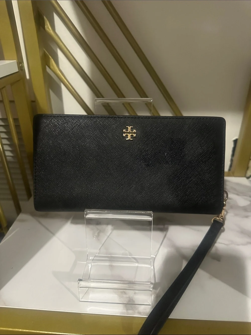 Tory Burch Black Leather Zip Wristlet with Gold Logo